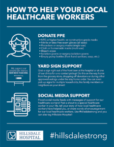 How to help your local healthcare workers—donate PPE, Yard sign support, social media support #hillsdalestrong