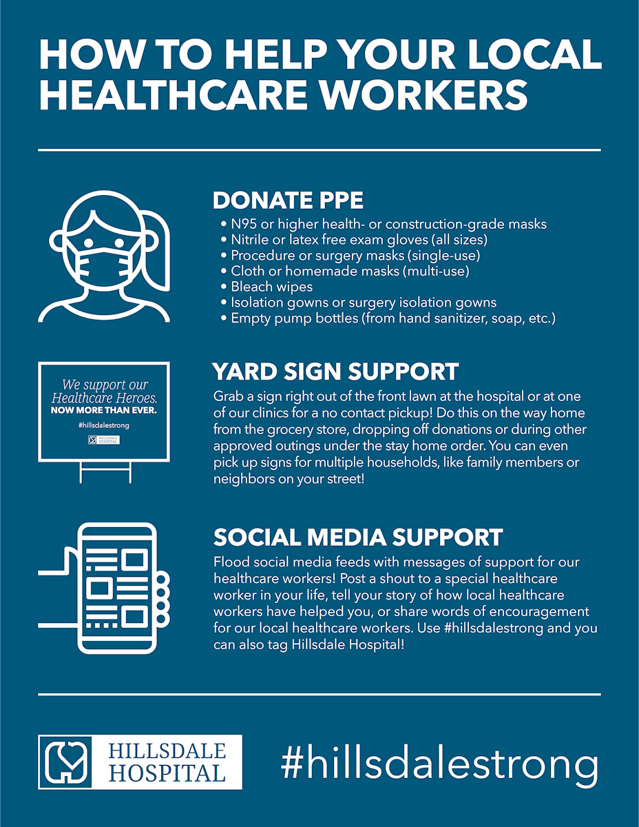 Hillsdale Strong—How You Can Help How to help your local healthcare workers—donate PPE, Yard sign support, social media support #hillsdalestrong