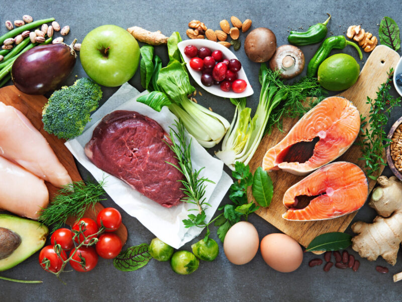 Balanced diet food background Balanced diet food background. Organic food for healthy nutrition, superfoods, meat, fish, legumes, nuts, seeds and greens