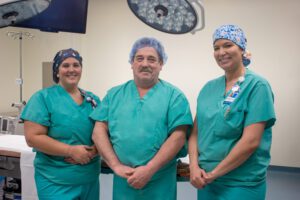 Left to Right: Jessica Sorrell, Surgical Technologist; Eric Stockall, MD; Jennifer Chappell, RN OR Circulator