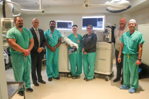 L to R: Jeff Sherman, Johnson & Johnson (J&J) Representative; JJ Hodshire, Hillsdale Hospital President & CEO; Dr. Amritraj Loganathan, Neurosurgeon; Nicole Salloum, PA; Lauren Schneider, Hillsdale Hospital Director of Surgical Services; Gerald Simpson, J&J Representative; Joshua Martin, J&J Representative
